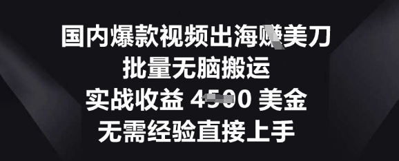国内爆款视频出海挣美刀，批量无脑搬运，实战收益4.5k，无需经验直接上手-佰校通网创